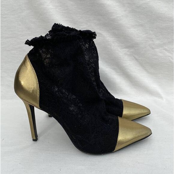 Stella Luna Black Lace & Gold Pointed Toe Booties, Size 38 (US 8), Ankle Boots - Picture 5 of 13